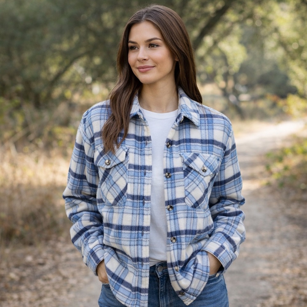Sz M Sage Collective Blue Plaid Button-Up Shirt Sherpa lined NWOT
